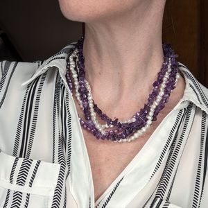 Ross Simons Amethyst Chip Fresh Water Pearl 5 Strand Necklace